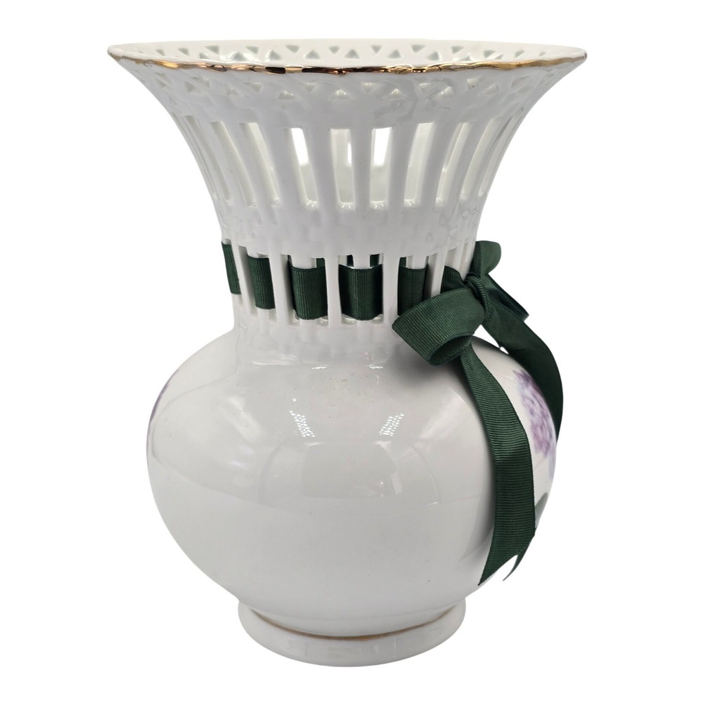 Purple Hydrangea Porcelain Flower Vase Gold Trim Lattice‎ Neck - Picture 3 of 14